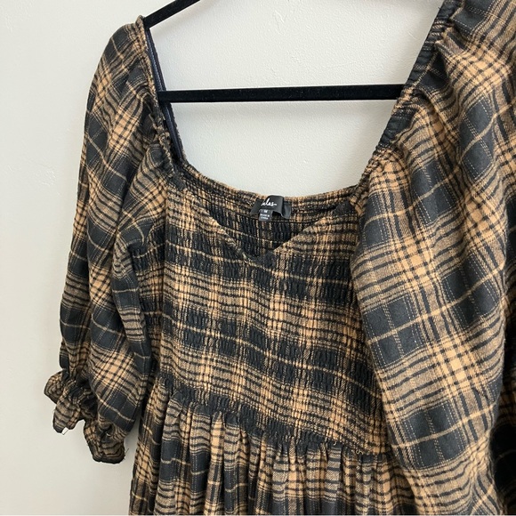 Lulus No One Cuter Black and tan plaid tiered mini dress puffed sleeves size m - Picture 5 of 9